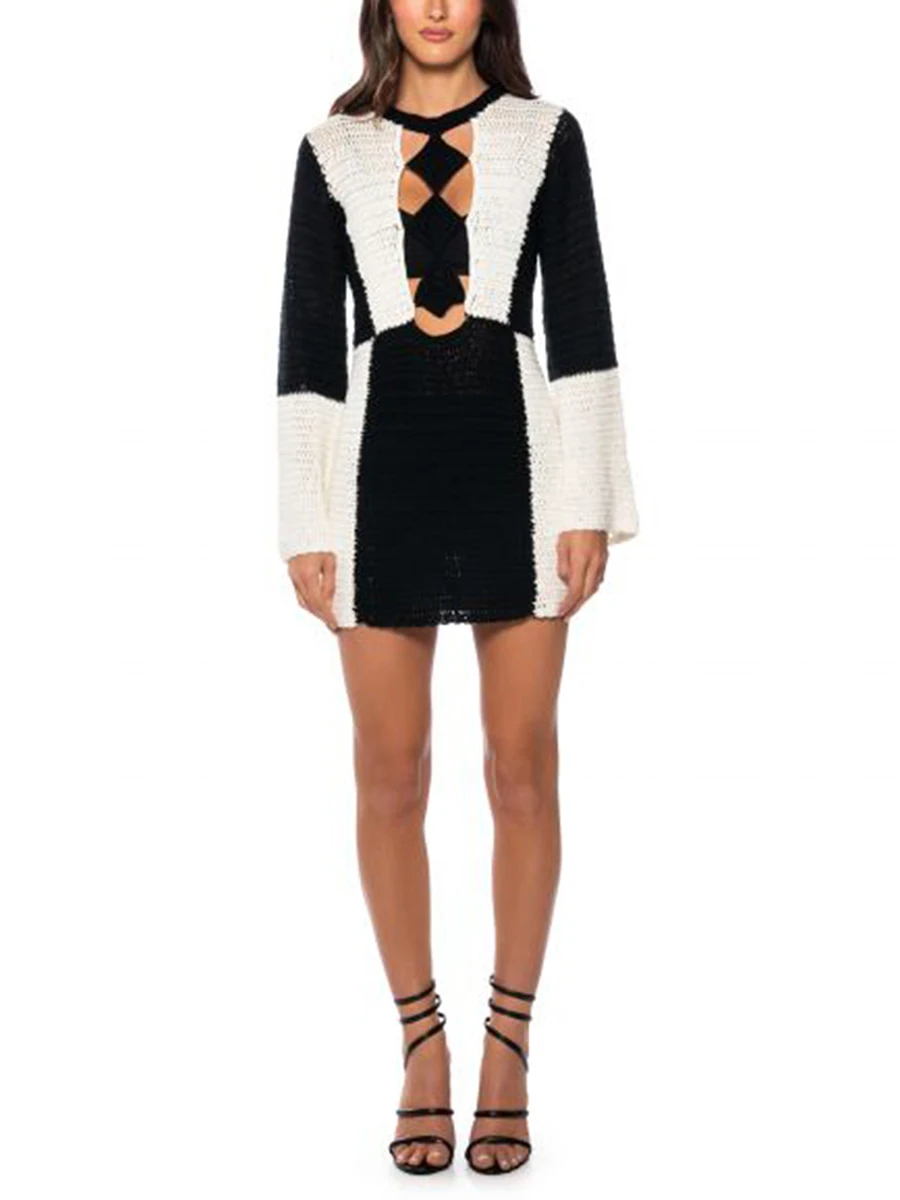 

Женское сексуальное трикотажное мини-платье с вырезами и длинным рукавом, повседневное осеннее платье контрастных цветов для коктейлей, вечерние, уличная одежда