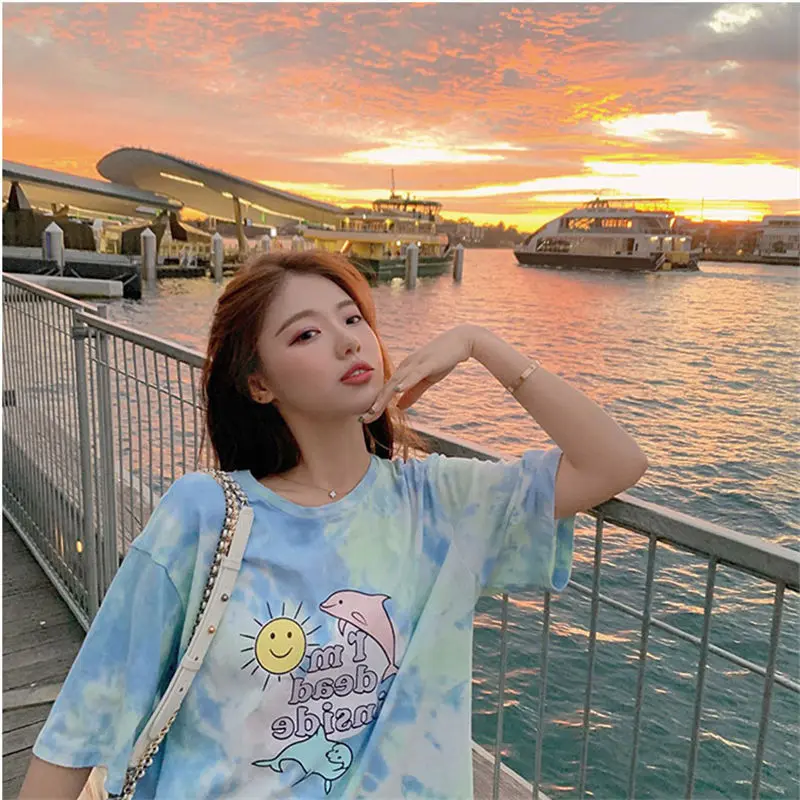 

Cartoon Printing 2023 Summer Dress Korean Version New Mid-length Short-sleeved T-shirt Loose All-match Casual Women's Clothing