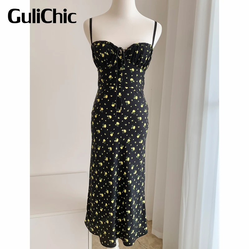 7.8 GuliChic Women Vintage Fashion Floral Print Drawstring Spaghetti Strap Backless Sexy Slim Silk Dress