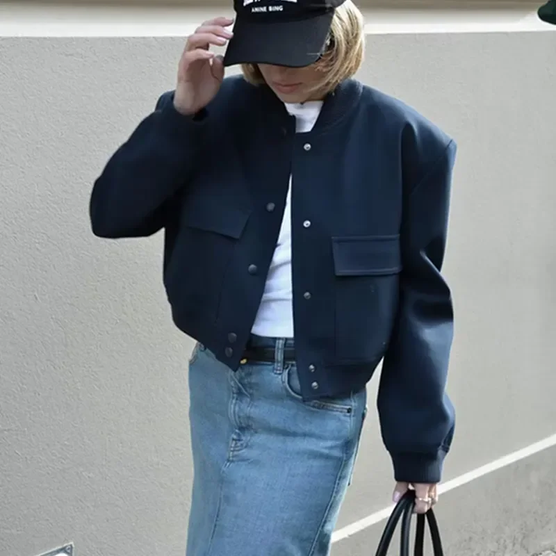 

Jacket Women 2023 Fashion Button Pocket Long Sleeve Crop Tops Streetwear Baseball Jackets Winter Casual Coats Outerwear