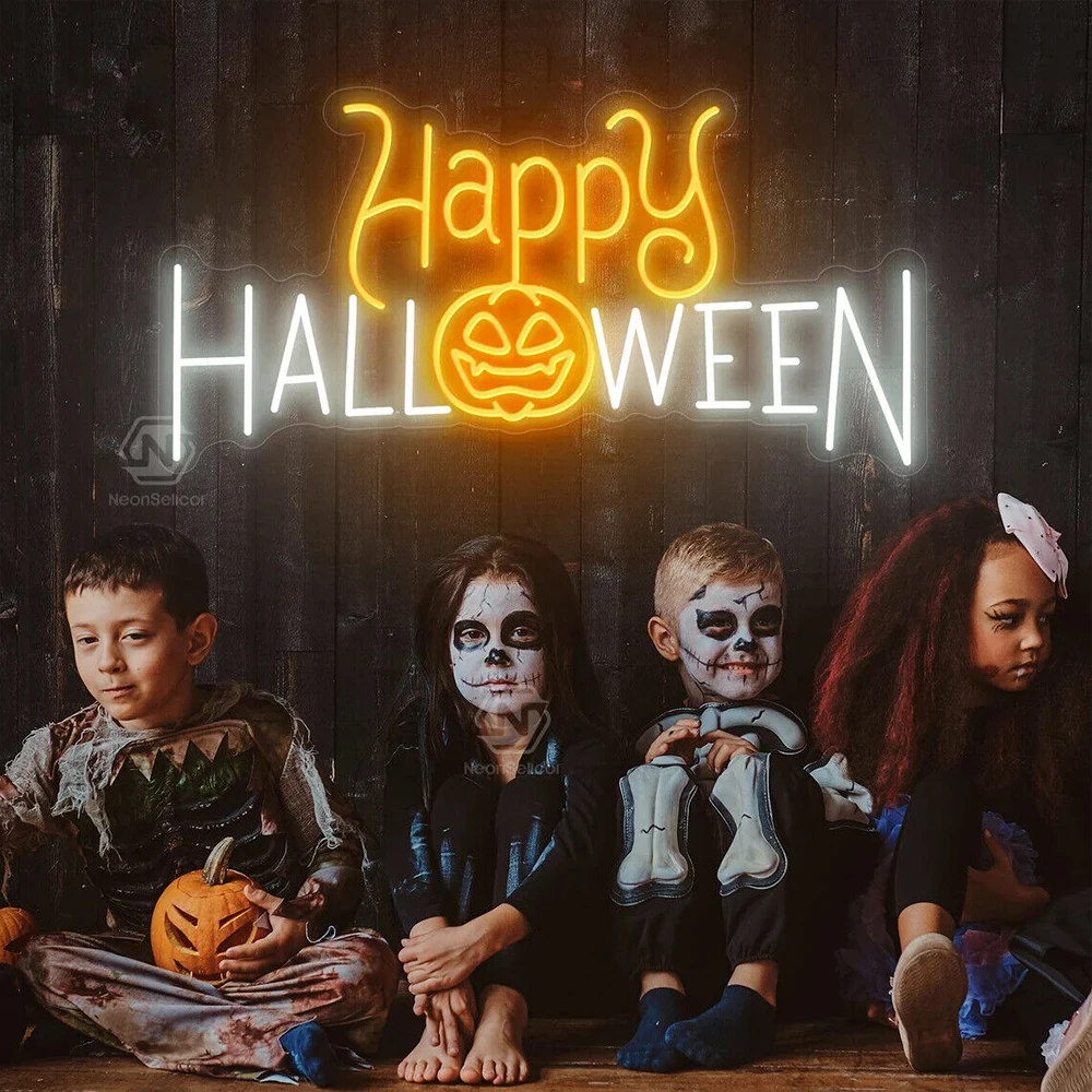 LED Neon Signs Happy Halloween Pumpkins Holiday Party Cool Wall Decorated Ambiance Night Lights Family Outdoor Decor Kids Gifts
