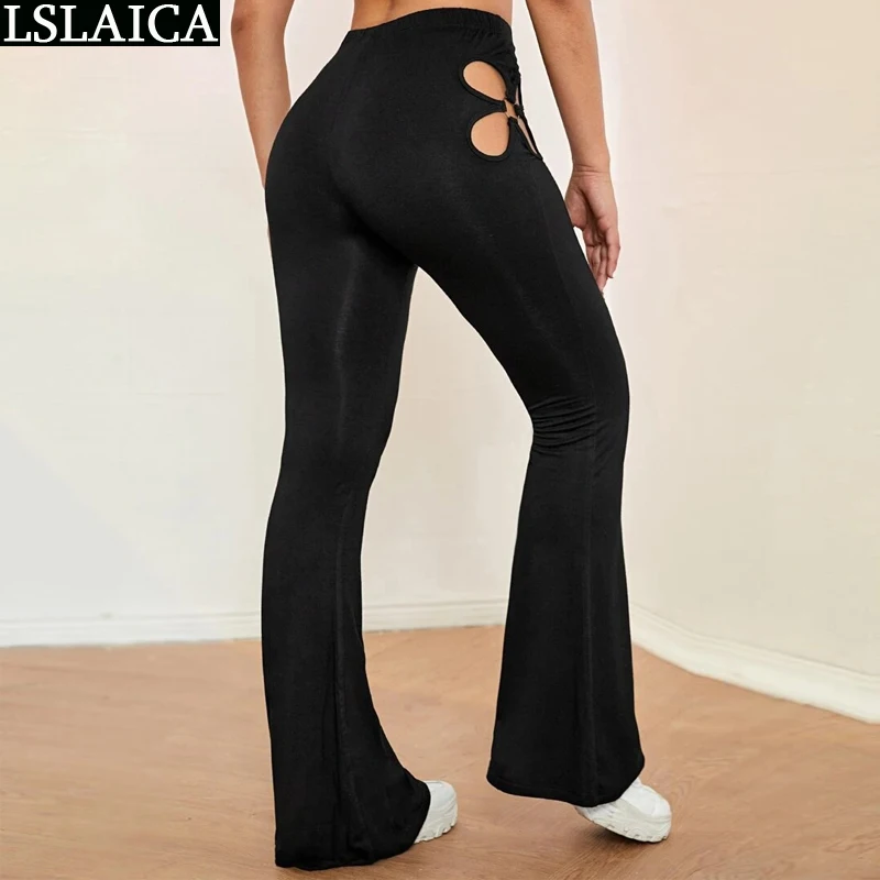 

Casual Pants Women High Waist 2022 New Fashion Summer Anumn Four Leaf Clover Hollow Out Long Flare Pants Solid OL Long Trousers