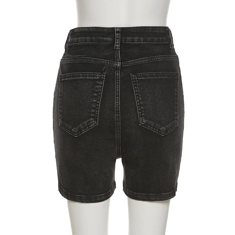Black High Waist Straight Tube Hollow Bag Hip Denim Shorts Female Slim Fit Women Casual Streetwear Denim Shorts Female Fashion