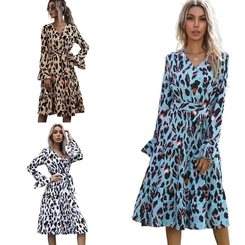 

Women's Summer Dress w/ Belt Stylish V Neck Tiered Dress Contrast Color Party Dress Trumpet Sleeves Dress Holiday Dress