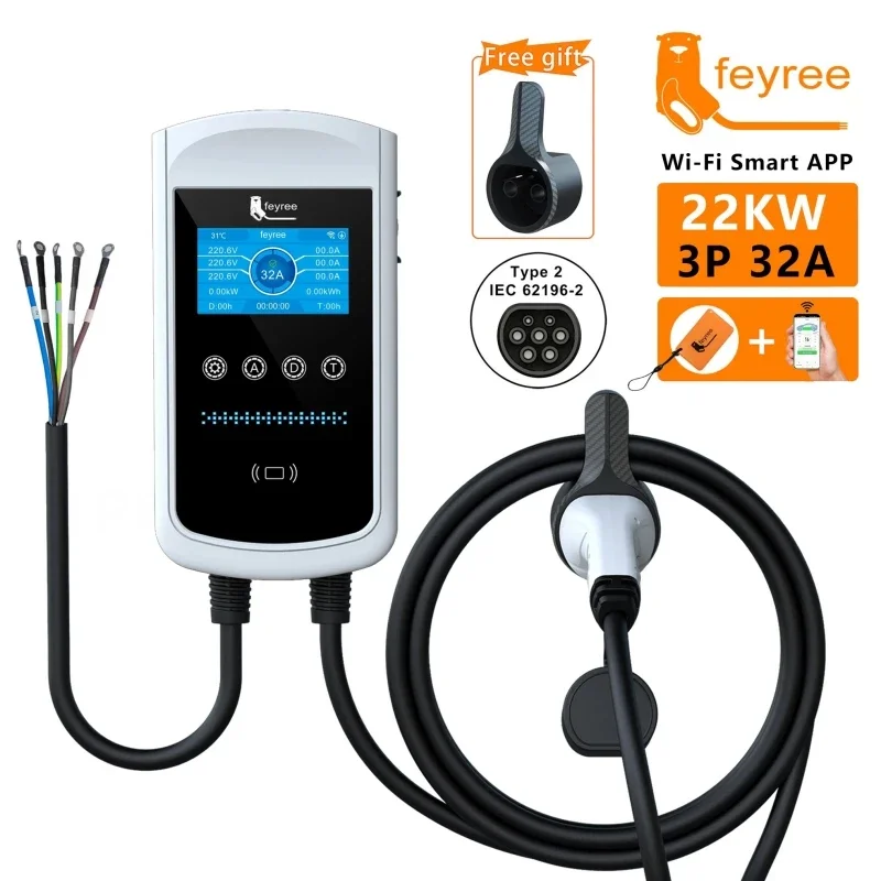 

Feyree 22KW 32A Type2 Зарядное устройство для электромобилей 11KW 3P EVSE Wallbox 7,6KW 1P 4,3-дюймовый экран Новая зарядная станция Smart APP Control Автомобильное зарядное устройство
