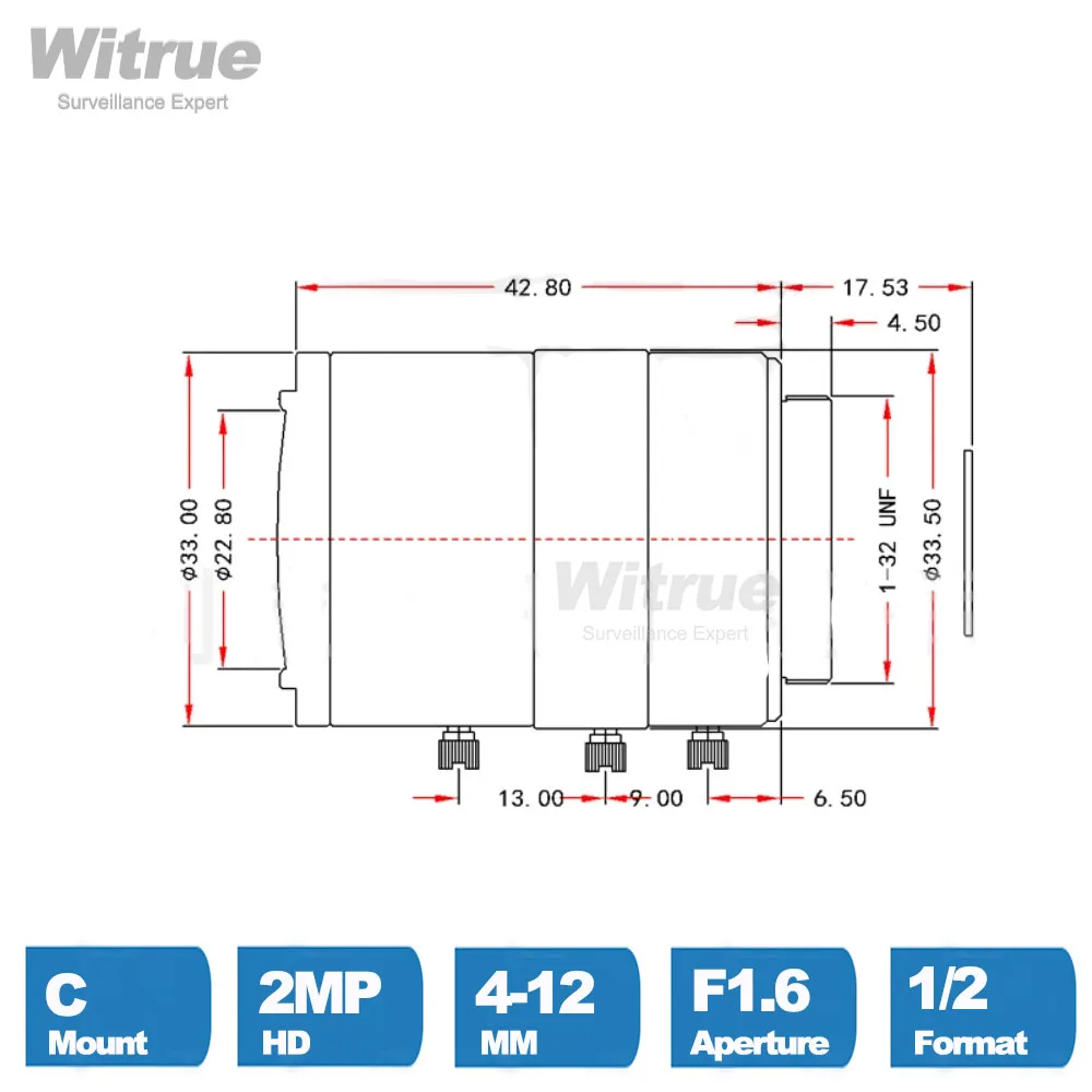 Witrue HD 2MP объектив для видеонаблюдения с креплением C, варифокальный, 4-12 мм, F1.6, 12 дюйма, для камер безопасности (art.: 3920dd121a599) - 3920dd121a599