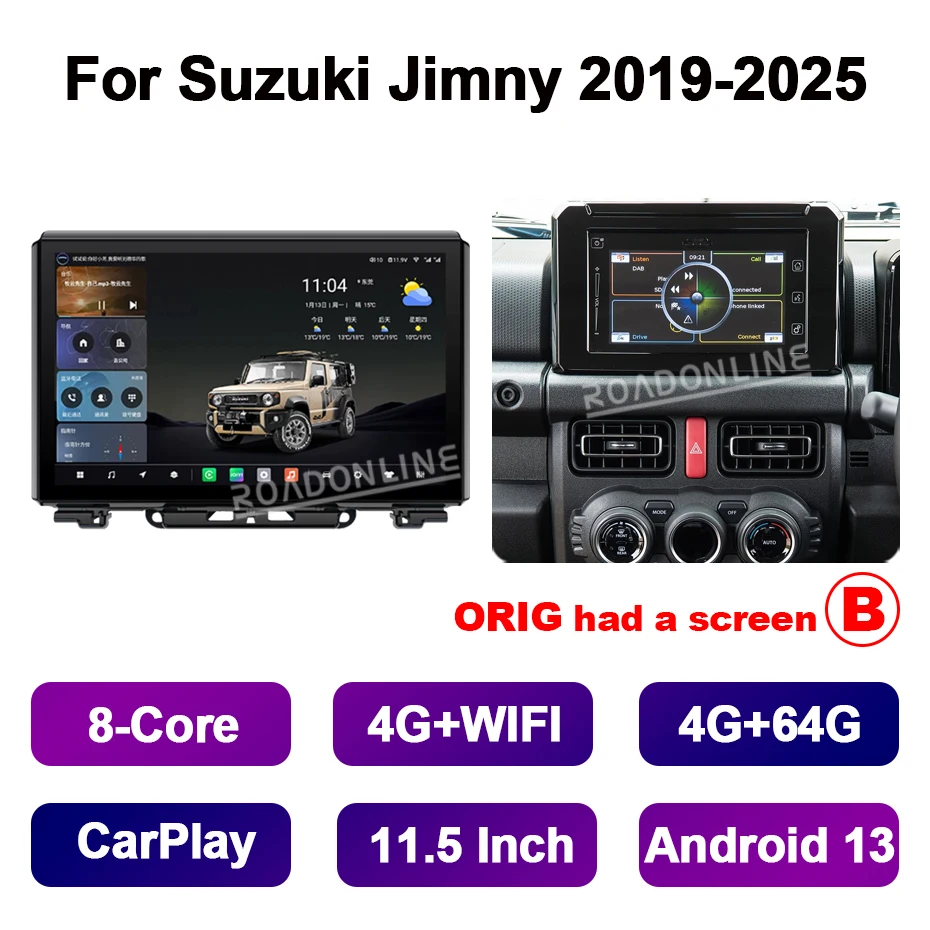 

11,5-дюймовый мультимедийный проигрыватель Android 14 для Suzuki Jimny 2019-2025, 2000*1200, 8-ядерный, GPS-навигатор, автомагнитола, CarPlay