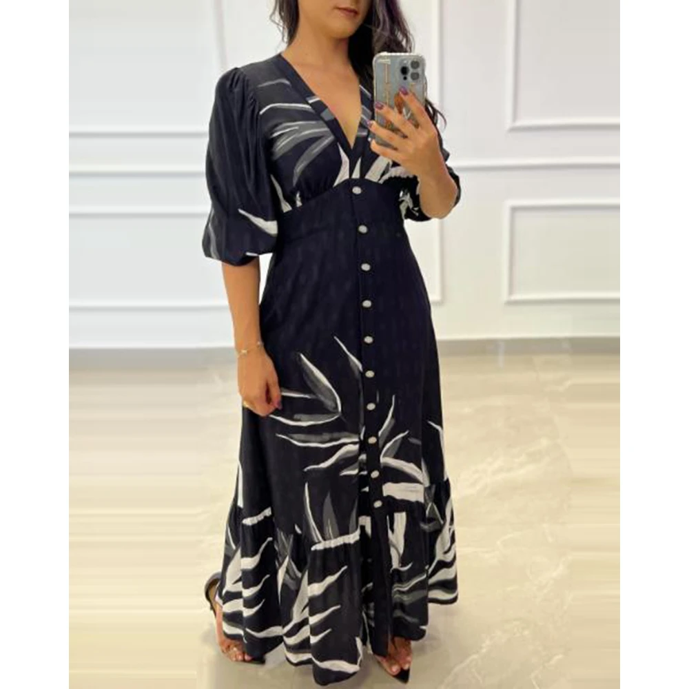 

Women V-Neck Half Sleeve Plants Print Buttoned Plunge Dress Summer Casual Ruched Long Black Dress Elegant Work Outfits 2023