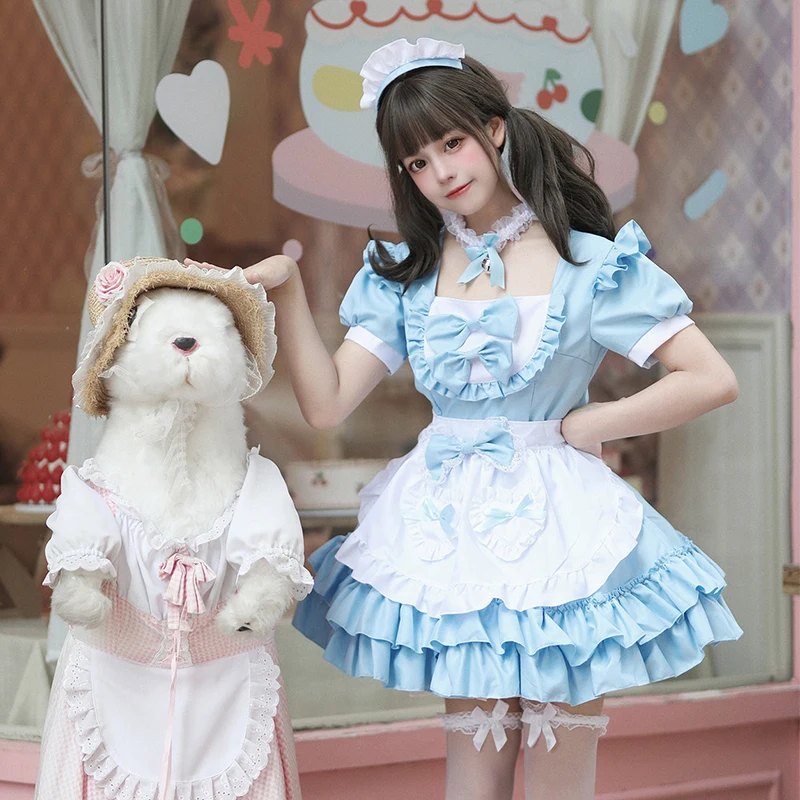 

S-xxl New Blue Maid Cute Bow Cartoon Dress Restaurant Waitress Uniform Soft Lolita Halloween Costume Cosplay