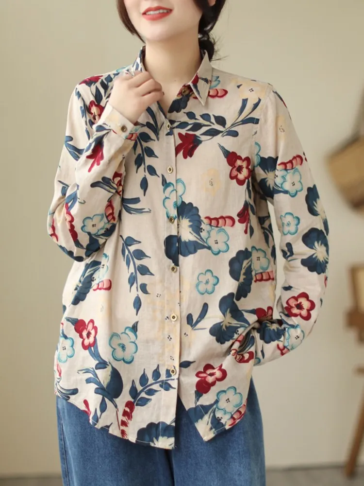 

Long Sleeve Casual Shirt Women New Arrival 2023 Autumn Vintage Style Floral Print All-match Loose Female Cotton Tops B2906