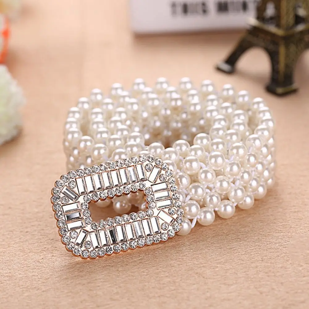 

Waist Decoration Casual Luxury Design Thin Waist Strap Trouser Dress Belts Elastic Pearl Belt Metal Buckle Waistband