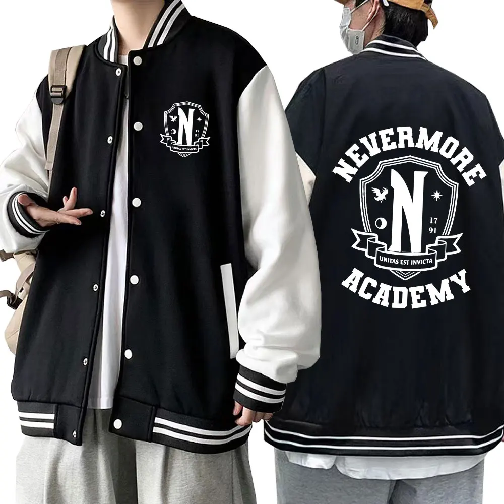 

TV Drama Wednesday Addams Baseball Uniform Nevermore Academy Logo print Sweatshirt Men Women Oversized Jacket Loose Streetwear