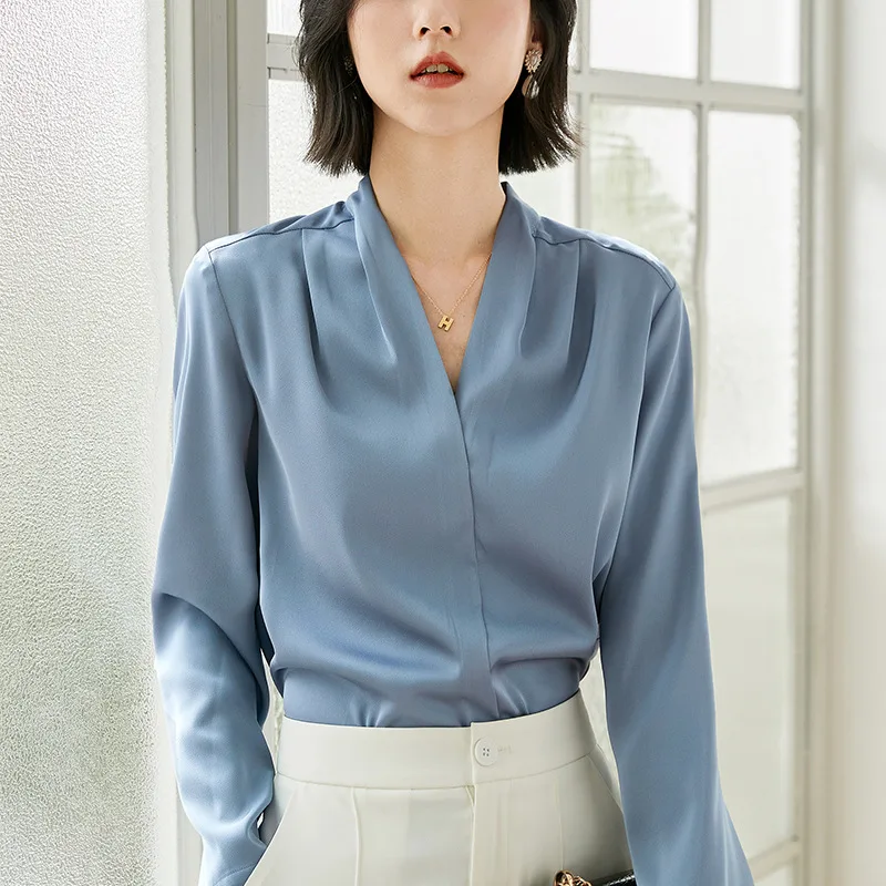 Korean Satin Blouse for Women 2022 New Simple Joker Shirts Ladie Spring V-neck Tops Pure Color Long Sleeve Chiffon Blouse Female