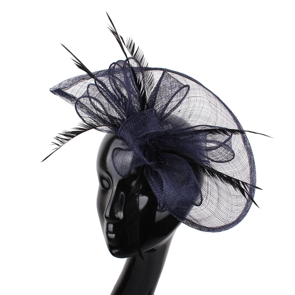 Bride Wedding Sinamay Fascinators With Feather Vintage Black Cocktail Party Event Hats Women Fashion Hair Pins Accessories