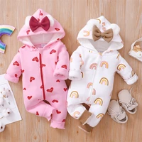 cute love heart bow newborn baby boy girl clothes autumn winter warm long sleeve hooded kids infant bebe rompers jumpsuits 0 2y