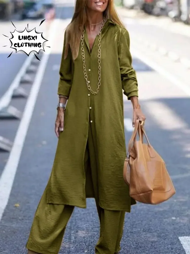 Элегантный длинный женский комплект с платьем на шнуровке и широкими брюками в