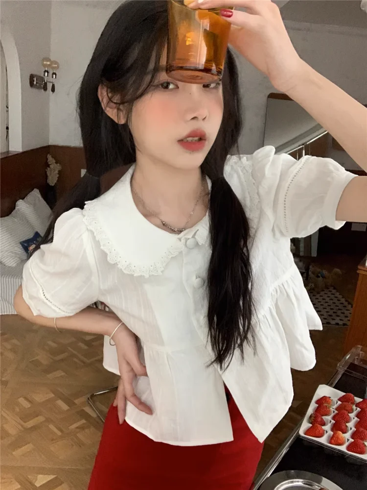 

Блузка Korobov Y2k с кукольным воротником, белые рубашки со снижением возраста, кружевной кроп-топ с коротким рукавом, винтажные блузки