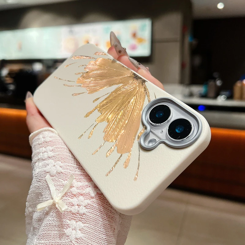 Чехол с позолоченной бабочкой для iPhone 16 Pro Max роскошный кожаный чехол текстурой