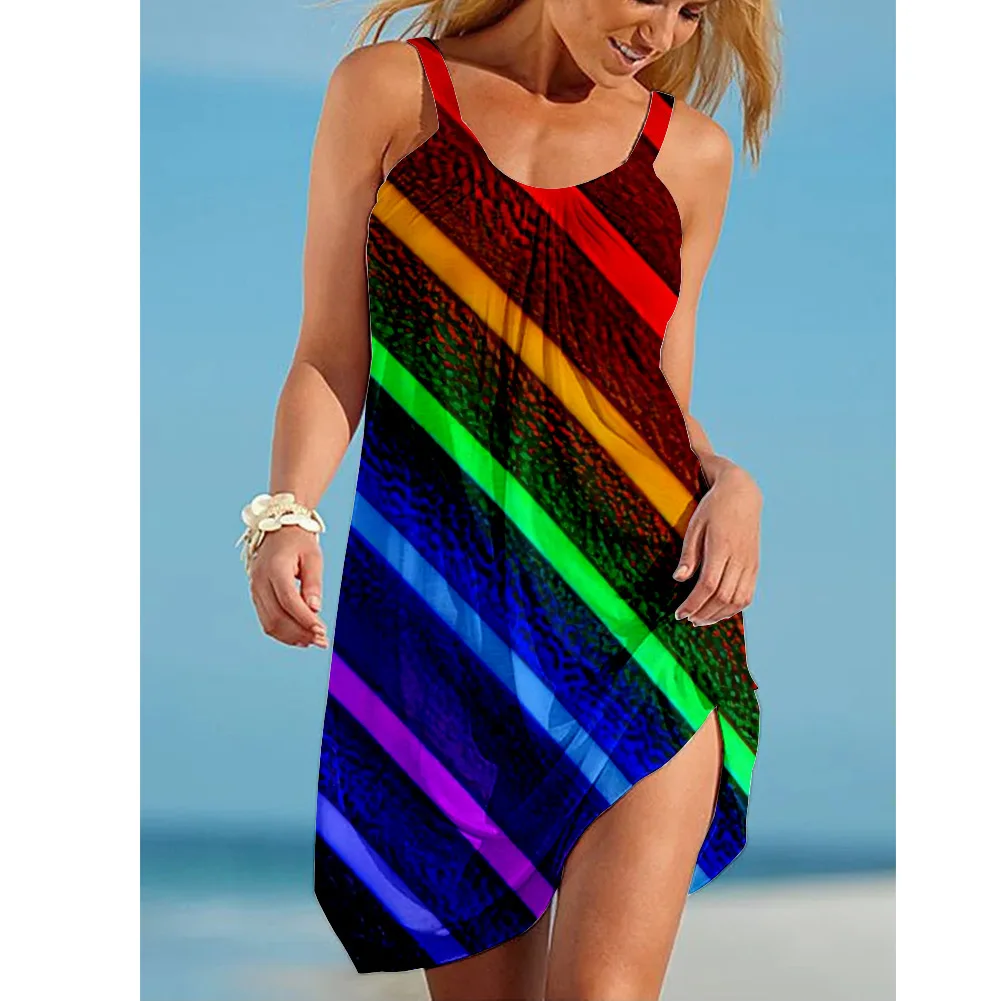 

New Women'S Dresses Summer Fashion 3d Print Abstract Gradient Halter Sexy Sleeveless Slim Fit Fresh Square Neck Beach Dress