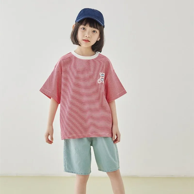 

summer kids tops boys girls clothes Cartoon Bear Printed Short Sleeve T-shirt Striped pattern cotton round neck T-shirt