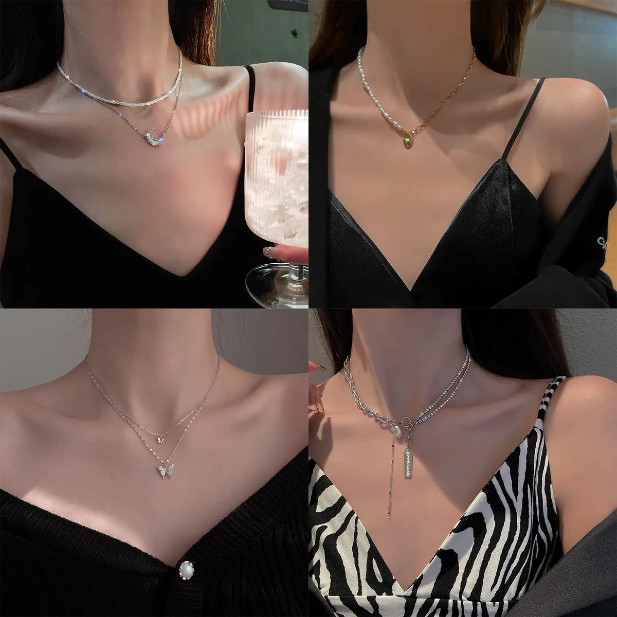 

Double Chain Necklace Fashion Custom Rhinestone Tassel Heart Crystal Butterfly Pearl Bow Necklace Friends Jewelry Women's Gift