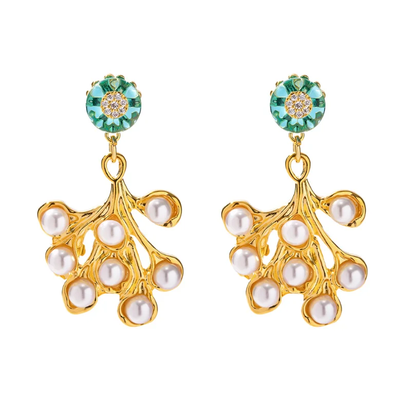 

Minar Dainty Shiny Rhinestone Simulated Pearl Peacock Feather Drop Earrings for Women 18K Real Gold Plated Brass Large Earring