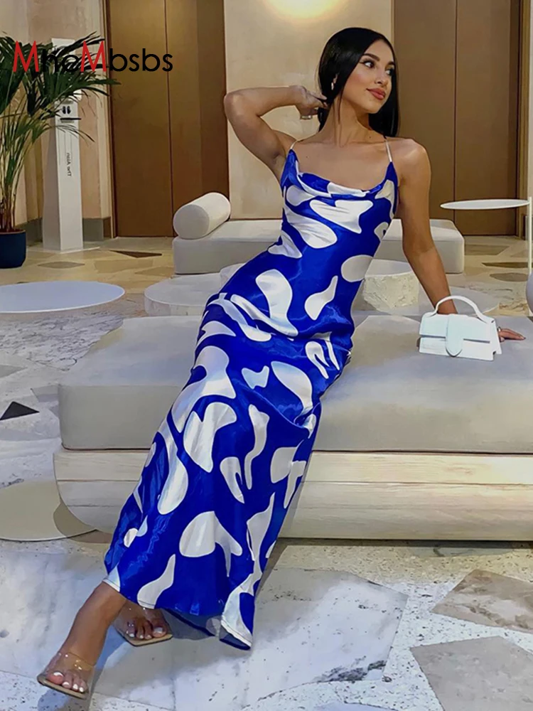 

Sexy Spaghetti Strap Print Backless Maxi Dress Women Low Cut Slim Elegant Party Vestidos 2022 Summer Night Club Prom Clothes