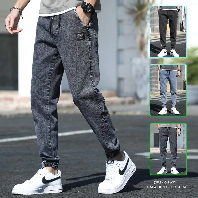 Jeans Men's plus Size Loose Spring Casual Pants Men's Winter Fleece Work Pants Trendy Ankle-Tied Harem Pants