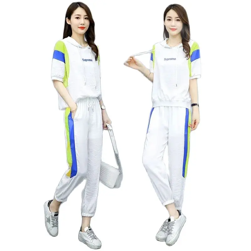 

Casual Sports Suit Women's Summer 2022 New Thin Section Fashion Small Foreign Style Age-Reducing Nine-Point Pants Two-Piece Set