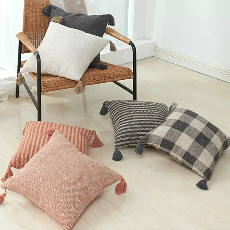 

Хлопковая льняная наволочка с кисточками, наволочка в клетку, в полоску, с геометрическим рисунком, наволочка для домашнего декора, наволоч...