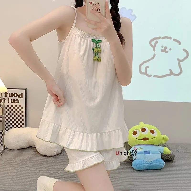 Summer Women Pyjamas Cartoon Pajamas Set Cotton Sleepwear Nightwear Pijama Mujer Shorts Sleeveless M-6XL Large Size Home Clothes