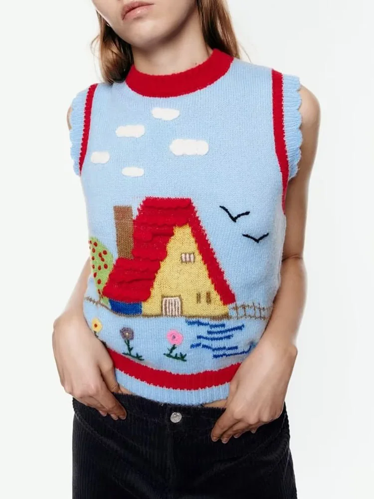 

TRAF 2022 Women Embroidery Knitted Vest Sweater Spring Autumn Vintage O-neck Sleeveless Female Waistcoat Chic Tops