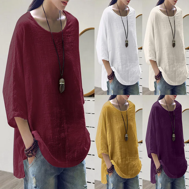 

Women's 2022 Summer New Casual Loose All-match Solid Color Three-quarter Sleeve T-shirt Female & Lady Tops Fashion