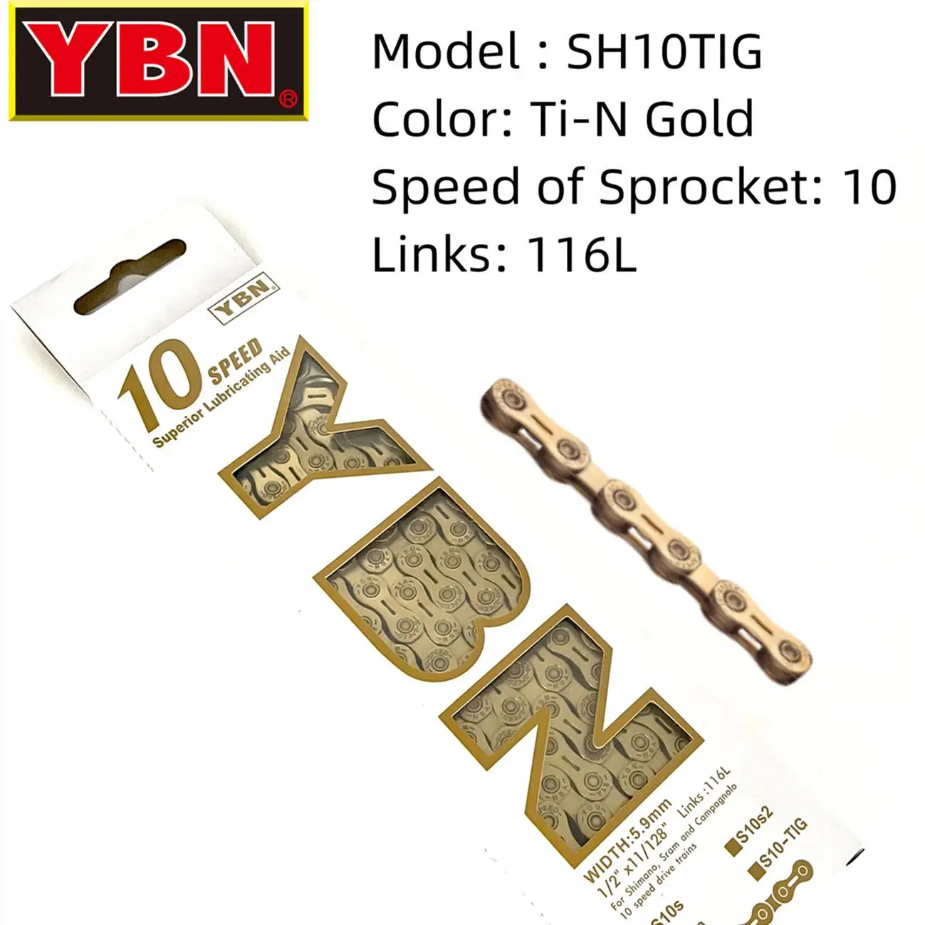 

Универсальная Цепь YBN SH10TIG, полуполая цепь, 116L, 10 скоростей, для горных и шоссейных велосипедов