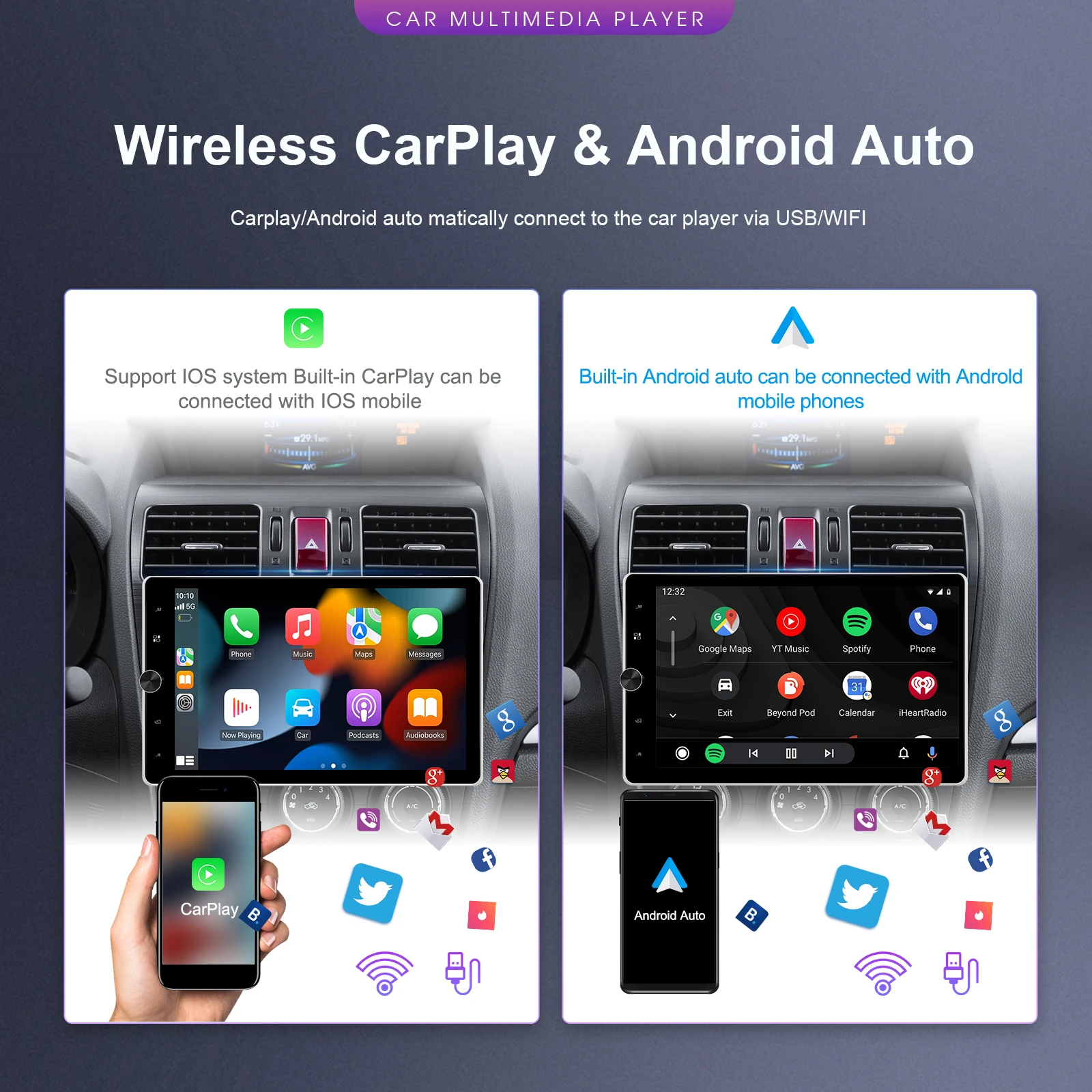 Podofo 1 Din автомобильный стерео радио Carplay 10 4 ''HD сенсорный экран мультимедийный