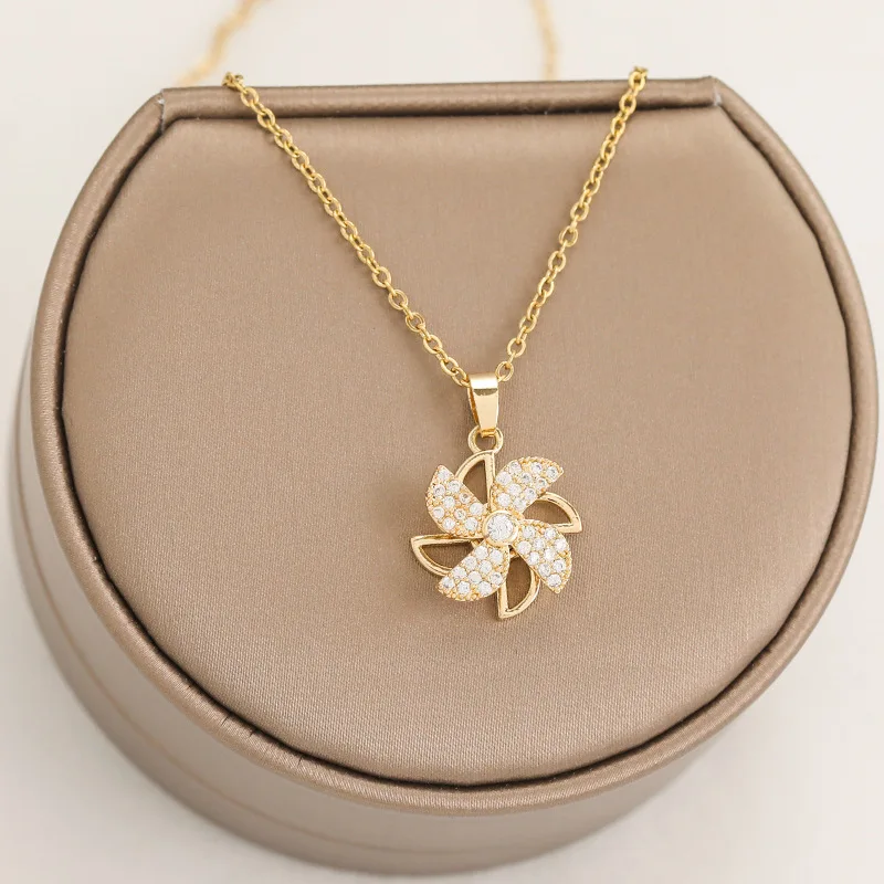 

Korean Style Rotatable Windmill Pendants Necklaces for Women Luxury Design Dainty Clavicle Chain Fashion Copper Prom Accessories