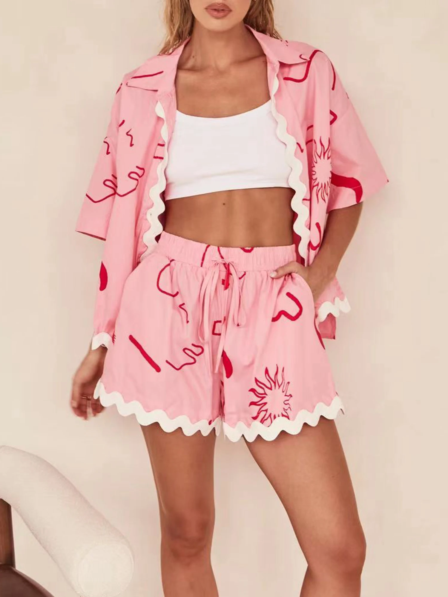 Женский летний комплект для отдыха модная футболка с коротким рукавом отворотом