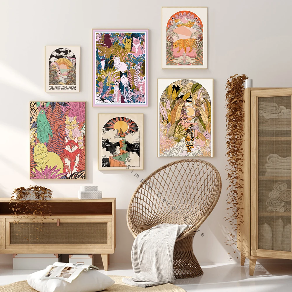 Тропические растения, Северные постеры, Садовые коты и тигры, Ретро художественная картина на холсте, Картины Солнца и гор в стиле живописи для декора гостиной.