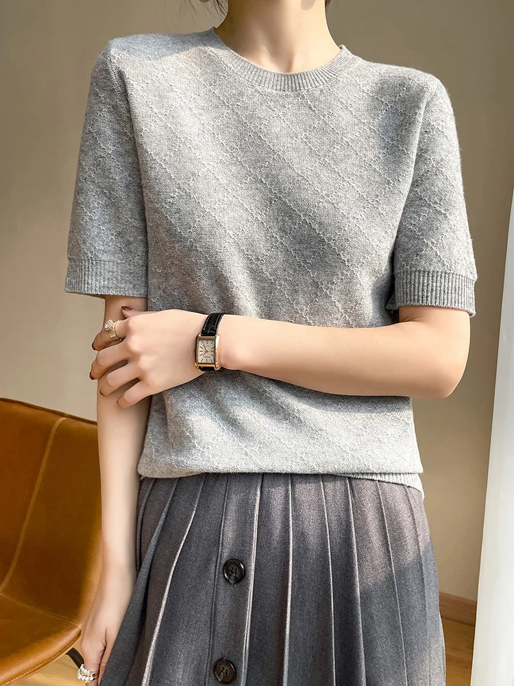 

Aliselect Fashion Women Jersey Merino Wool Sweater Traf Tops Pullover O-Neck Short Sleeve Jumper Spring Autumn Clothing Knitwear