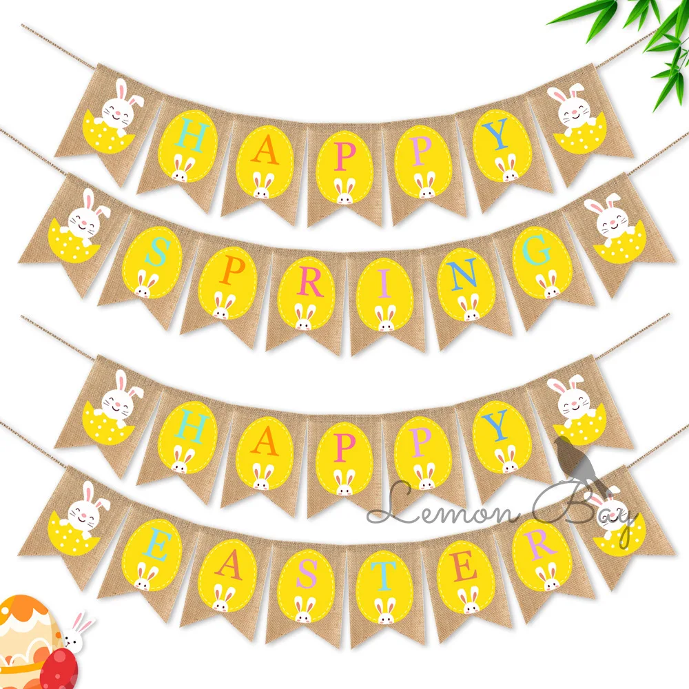 

Happy Spring Easter theme party decoration hemp flag scene layout banner craft supplies