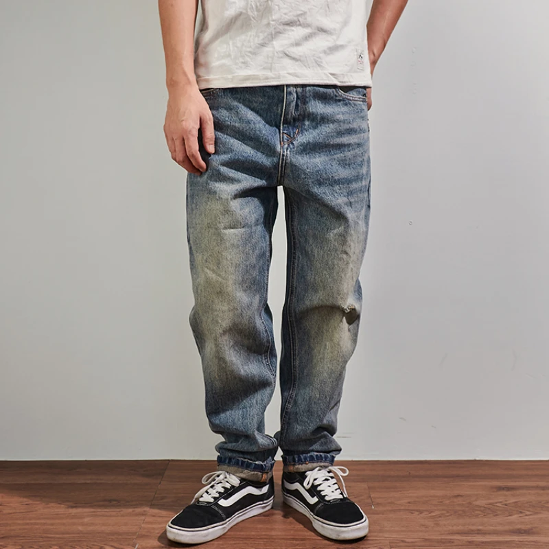 White-washed casual jeans men's straight loose micro-cone casual pants heavy denim pants in autumn and winter