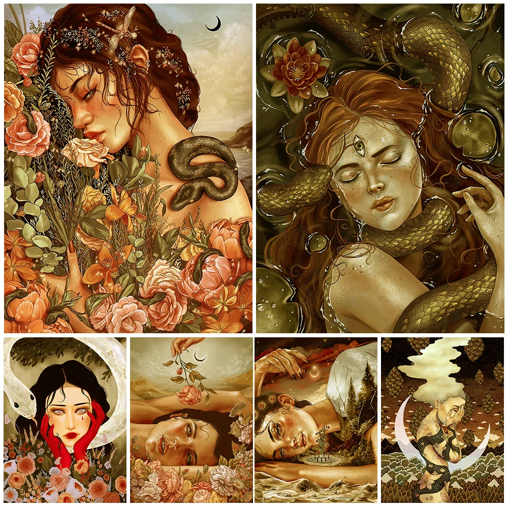 

Beautiful Witches And Rose Surreal Wall Art Canvas Painting Three Eyed Witch Entangled With Water Snake Poster Print Decoration