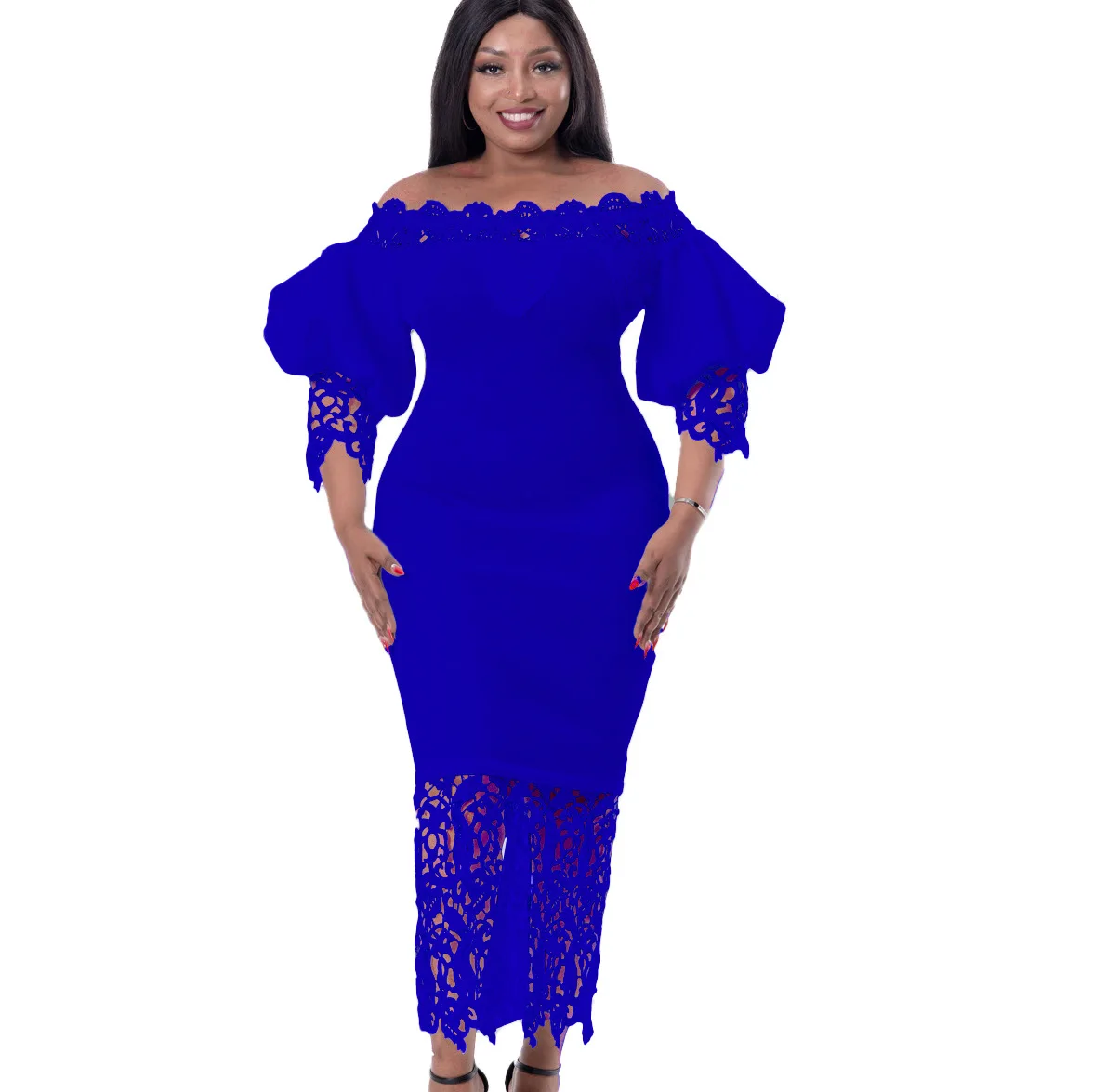 

Women Lace Insert Off Shoulder Bodycon Midi Dress Elegant Party Dress