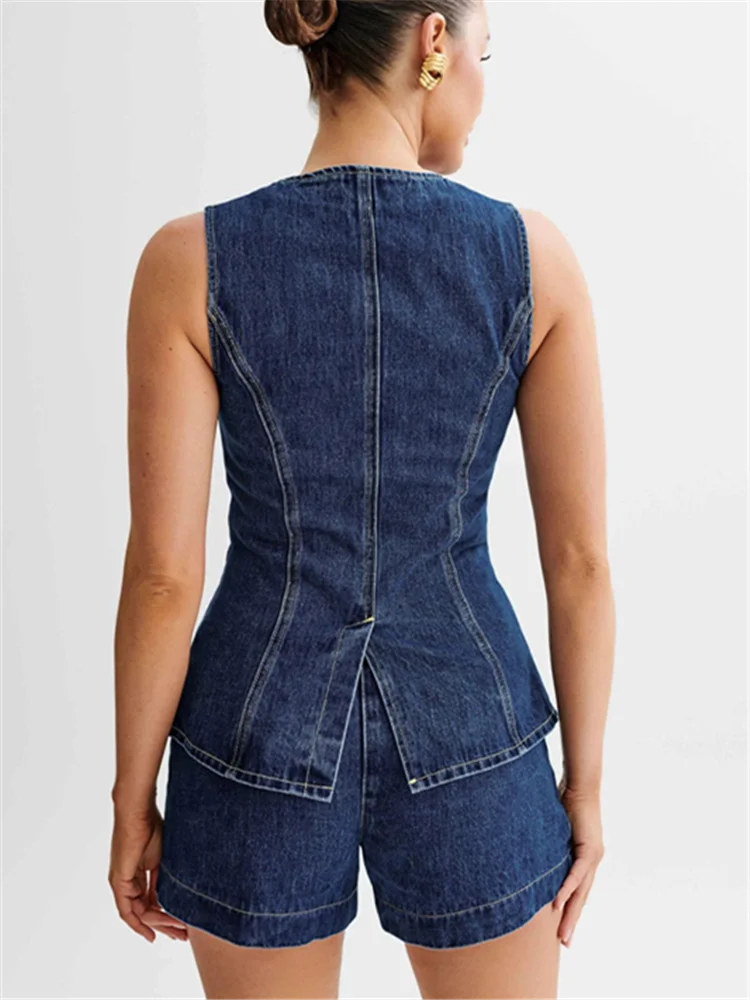 Женский джинсовый костюм без рукавов повседневный комплект из двух предметов