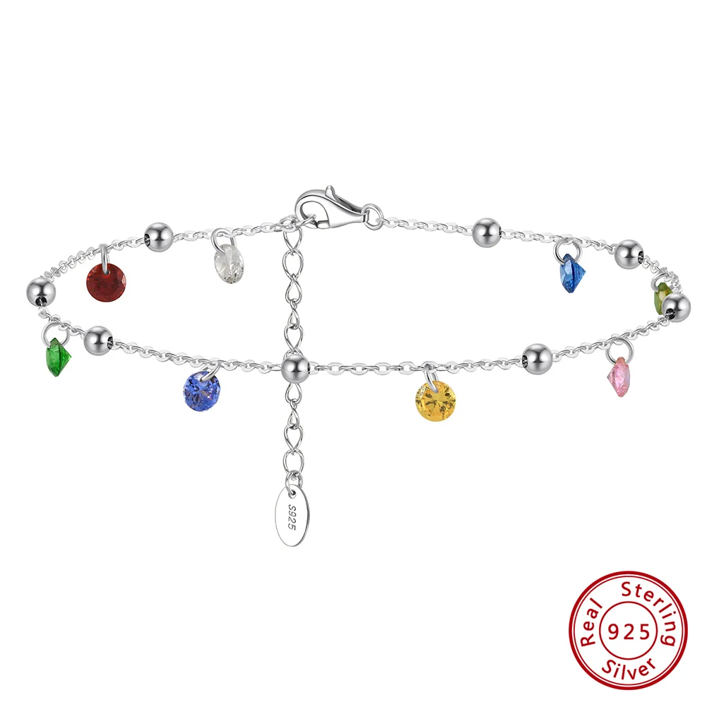 Браслет на ногу женский из серебра 925 пробы с разноцветным фианитом