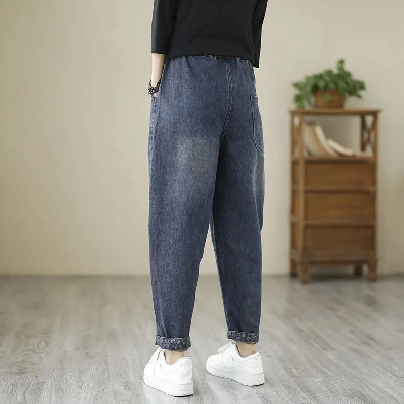 Женские джинсы с вышивкой утепленные ковбойские брюки в стиле ретро