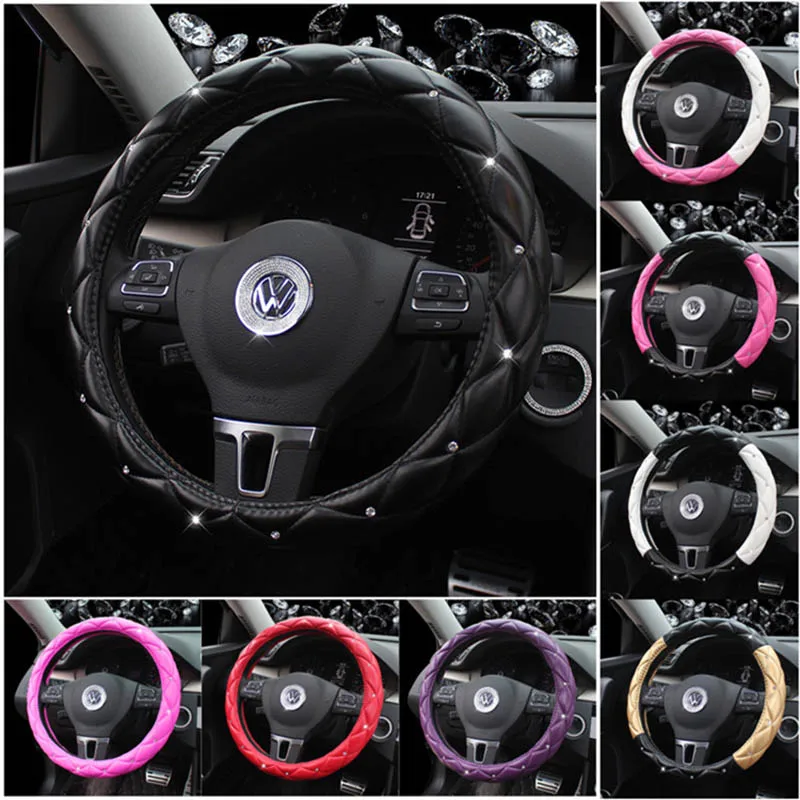 Leather Steering Wheel Covers Bling Rhinestone Auto Cute Handle Cases Pink Car Interior Accessories For Women Girls Purple