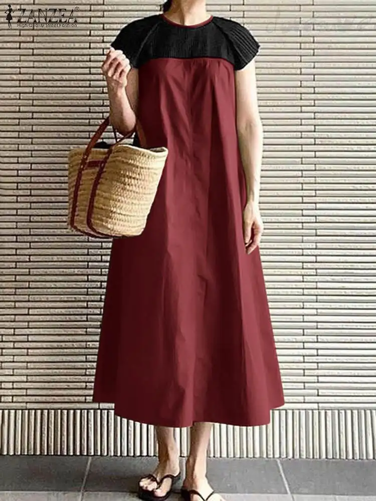 

2022 ZANZEA Summer Women Dress Buttons Contrast Color O-Neck Short Sleeve Kaftan Sundress Femme Elegant Casual Work OL Maxi Robe