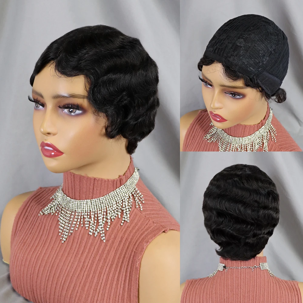 

Short Finger Wave Cheap Wigs For Women Remy Real Hair Pixie Cut Wig Short Human Hair Wigs Machine Made Mix Color Glueless