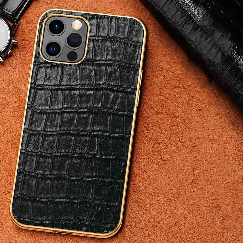 Luxury Genuine Leather Soft Case For Iphone 14 13 12 11 Pro Max Plus Mini Plating Crocodile Pattern Lens Protection Phone Cover